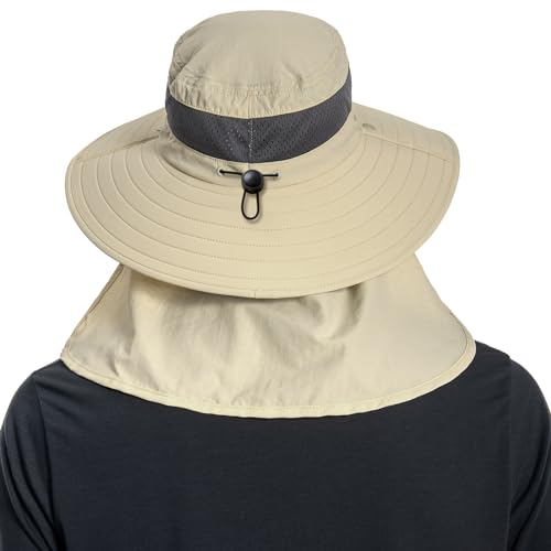 BASSDASH UPF 50+ Breathable Sun Hat with Removable Face Cover and Neck Flap Wide Brim Bucket Hat for Fishing Hiking Men Women - color: Cream