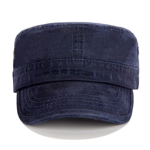 Army Cadet Cap for Men Women Washed Cotton Adjustable Flat Top Hats, Vintage Baseball Caps - color: Navy Blue