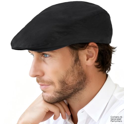 Classic Solid Flat Cap Newsboy Hats for Men Retro Cabbie Driving Adjustable - color: C01 Black With Mesh Lining