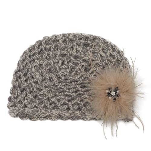 ZLYC Women Crochet Beanie Hat Summer Handmade Knit Decorated Skull Cap - color: Feather Khaki Mixed Gray