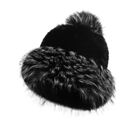 GREUS Winter Faux Fur Cossack Russian Style Hat for Women Fluffy Leopard Pompom Beanie Skull Cap Warm Ushanka Bucket Hat - color: Jet Black