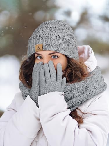 LOROME Winter Beanie Hat Scarf Gloves, Warm Fleece Knit Neck Scarf Set Gift - color: Light Gray
