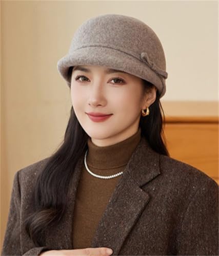 Women Vintage Fedora Bowler Hats Elegant Felt Cloche Hat Visor Warm Bowknot Newsboy Cap Fall Winter - color: A-light Khaki
