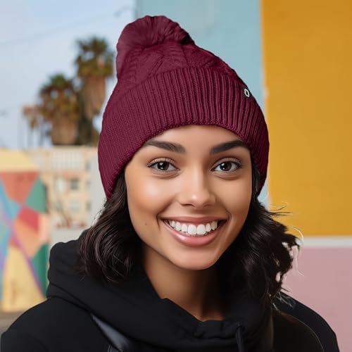 DALIX Cable Knit Pom Beanie Soft Stretch Skully Warm Fuzzy Faux Sherpa Winter Ski Beanie - color: Maroon
