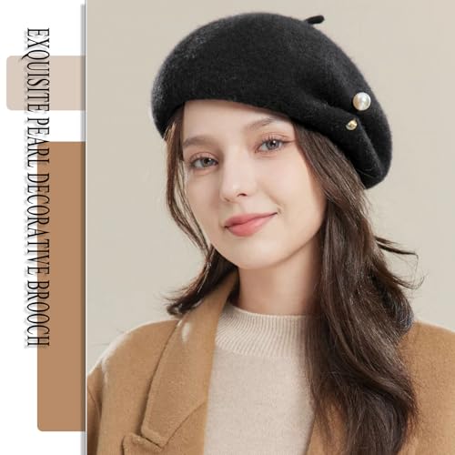 huablo French Berets Hat Premium Cashmere Beret Pearl Decorative Elegant Church Wool Hat for Women Solid Artist Hat - color: Black