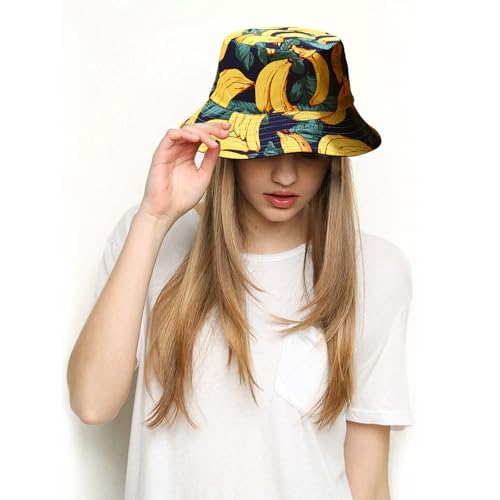 Bucket Hat for Women Men, Cotton Reversible Double Side Wear Sun Hats Beach Fisherman Hat - color: Banana Yellow