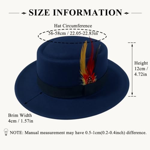 Classic Pork Pie Hat with Feathers Flat Top Fedora, Vintage Panama Hats, Warm Comfortable Jazz Cap - color: Dark Blue