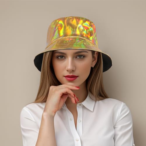 Unisex Black Bucket Hat Waterproof Rain Hat Reversible Shiny Rave Bucket Hat for Concert Festival - color: B6: Gold