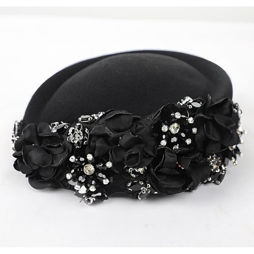 Womens Vintage Felt Church Fedora Hat Ladies Floral Derby Fascinator Wedding Tea Party Beret Cap Winter Pillbox Kentucky Hat - color: Black