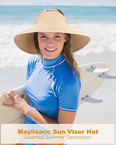MAYLISACC Foldable Straw Sun Visors for Women, Sun Protecetion Wide Brim Sun Hats Adjustable Topless Beach Hat - color: Beige (1 Pcs)