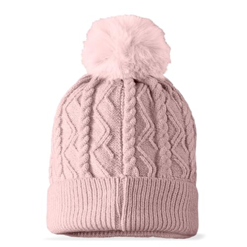 DALIX Cable Knit Pom Beanie Soft Stretch Skully Warm Fuzzy Faux Sherpa Winter Ski Beanie - color: Mauve