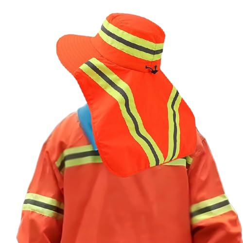 High Visibility Reflective Sun Hat Mesh Work Safety Boonie Hat UPF50+ Wide Brim Bucket Cap for Outdoor Hiking Men Women - color: Orange(with Neck Flap)
