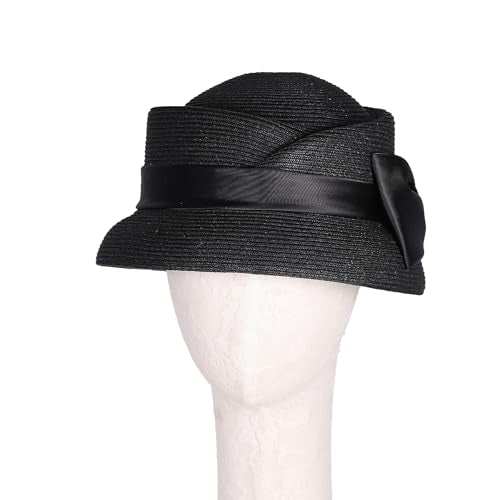 Women’s Vintage Straw Cloche Church Hat with Satin Bow | Elegant Bowler Bucket Hat for Tea Party Wedding Garden Formal Events - color: Black