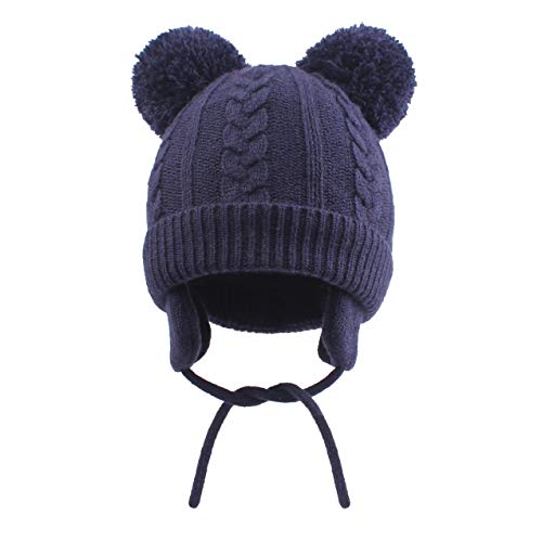 Duoyeree Toddler Winter Hat, Earflap Double Pom Pom Knit Beanie 0-36M - color: Poms-navy Blue, size: 6-12 Months