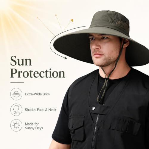 Wide Brim Sun Hat for Men Women UV Protection Bucket Fishing Hats - color: Army Green Solid