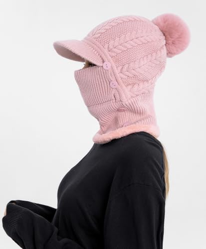HUAMULAN Women Cable Knit Balaclavas Winter Fleece Lined Beanie Hat - color: Pink With Pompom