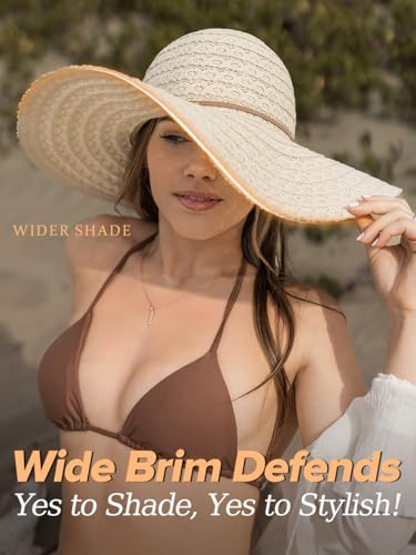 Sun Beach Hats for Women Summer Floppy Wide Brim Sunhat Packable Foldable Lace Travel Vacation - color: Beige, size: Large