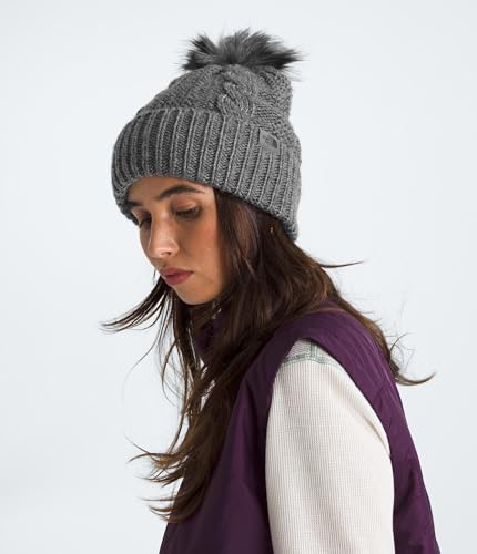 THE NORTH FACE Women's Oh Mega Fur Pom Beanie | Deep Fit Cuffed Winter Hat With Oversized Faux-fur Pom & Cable Detailing - color: Tnf Medium Grey Heather
