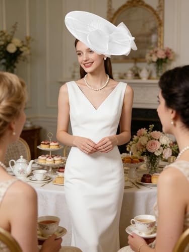 dressfan Wide Brim Fascinator Hats for Women,20s Linen Rhinestones Bow Big Hat for Derby Church Wedding Tea Party - color: White