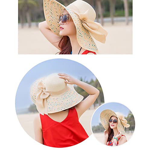 Womens Sun Straw Hat Wide Brim Summer Hat Foldable Beach Hats Floppy Roll up Cap Sunhat with Bowknot Beige - color: Beige