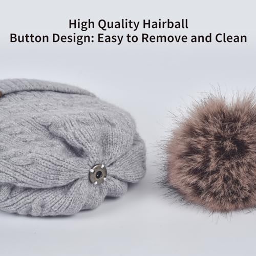 Winter Hat Scarf Gloves Set for Women, Classic Cable Beanie with Removable Pom Pom Long Scarf Touchscreen Gloves 3 in 1 Set - color: Grey