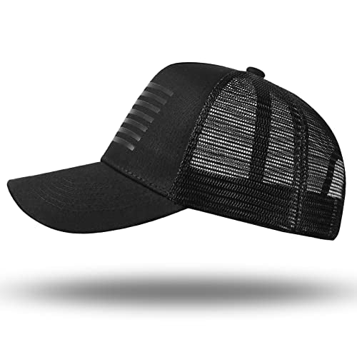 American Flag Trucker Hat - Snapback Hat, Baseball Cap for Men Women - Breathable Mesh Side, Adjustable Fit - for Casual Wear - color: Black/Black