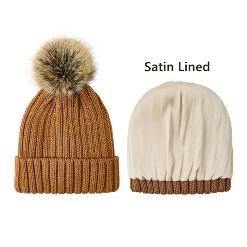 Satin Lined Beanie for Women with Detachable Pom Pom, Winter Cuffed Hat - color: Caramel
