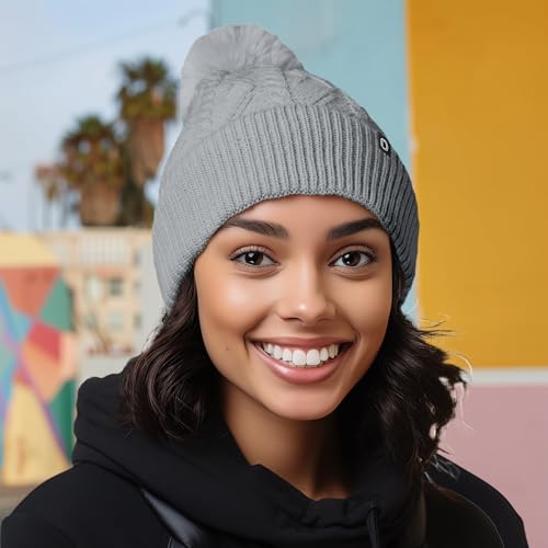 DALIX Cable Knit Pom Beanie Soft Stretch Skully Warm Fuzzy Faux Sherpa Winter Ski Beanie - color: Gray