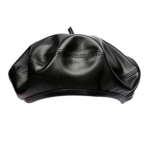 Women Soft PU Leather Beret French Style Artist Painter Hat with Top Stem - color: Black01
