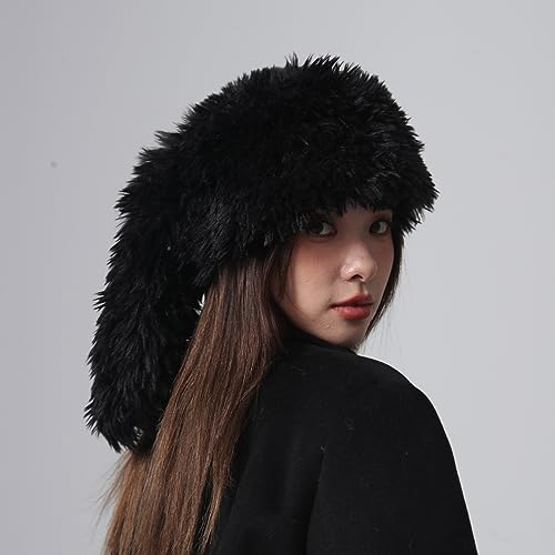 Fluffy Bunny Ear Beanie Y2K Faux Fur Hat with Long Ears Cute Warm Plush Hat - color: Black