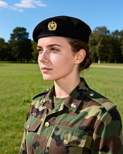 Military Wool Beret Hat, Leather Trim, Adjustable, Unisex, Vintage