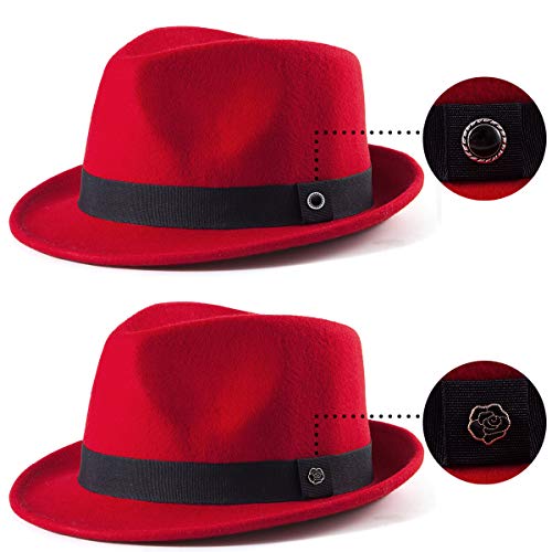 LADYBRO Straw Trilby Fedora Hat for Men Women 1920s Wool Felt Panama 7 1/4 - color: 05 Red, Size: 7 1/4 (58cm), Fits 22" - 22 7/8"