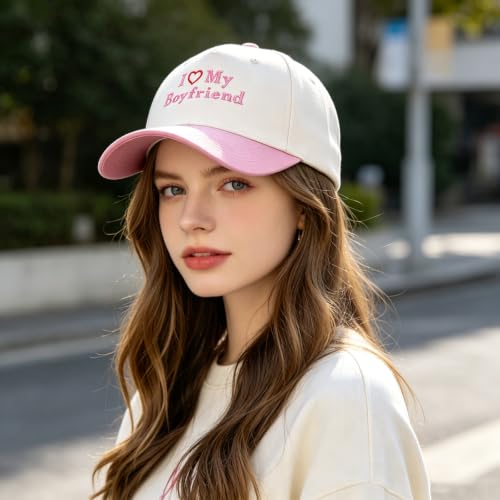 Funny Embroidered Trucker Hat, Vintage Two-Tone Cotton Baseball Cap for Men Women, Adjustable Dad Hat Gift Idea - color: I Love My Boyfriend Heart, Pink/Beige