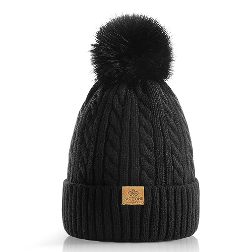 PAGE ONE Women Winter Pom Pom Beanie Hats Warm Fleece Lined Knit Hat Chunky Trendy Cute Cap - color: Black-1