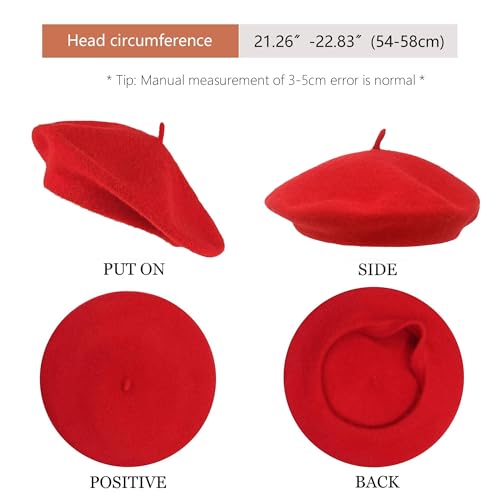 Women Beret Classic French Hat - Elegent Black Wool Beret for Party Romantic French Themed Fancy Dress(Size:S/M) - color: Red