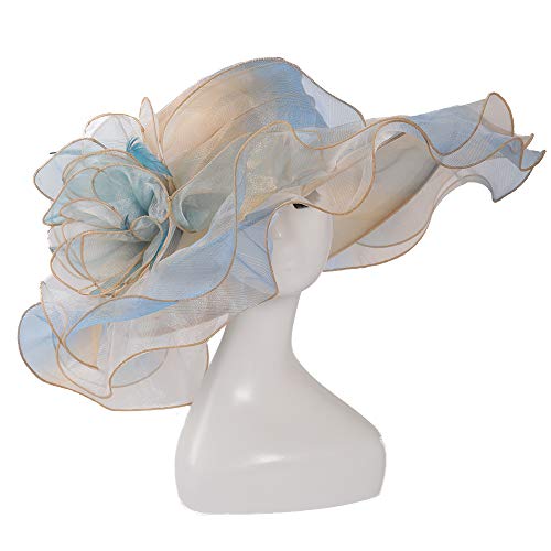 Women Oganza Sun Hat Church Wide Brim Wedding Formal Fascinator Hat - color: Light Blue