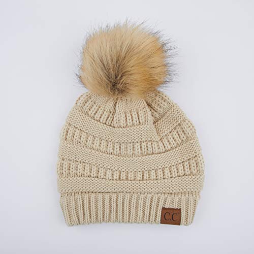 C.C Fur Pom Winter Fall Trendy Chunky Stretchy Cable Knit Beanie Hat - color: Solid Beige