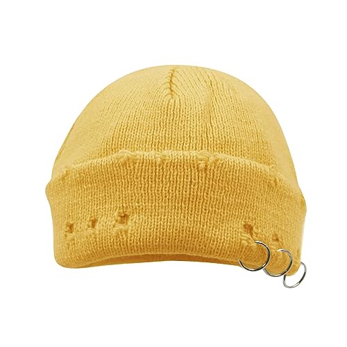 AIBEARTY Swag Short Fisherman Beanie for Men Women Rolled Cuff Beanie Skull Caps Wool Knit Winter Ski Hat with O Rings - color: Yellow
