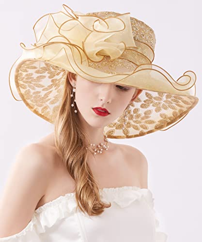 Women Derby Fascinator Hat Organza Church Wedding Hats Wide Brim Cocktail Tea Party Hat - color: 06 Gold