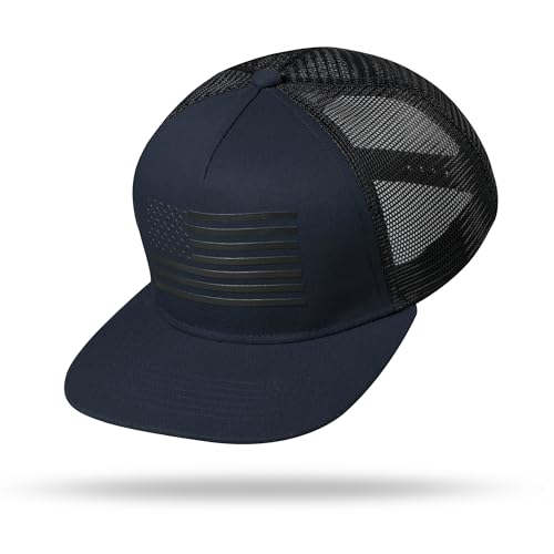 UALON Baseball Cap, Snapback Trucker Hat for Men & Women with American Flag and Adjustable, Breathable Mesh, Flat Bill Hats - color: Navy/Black