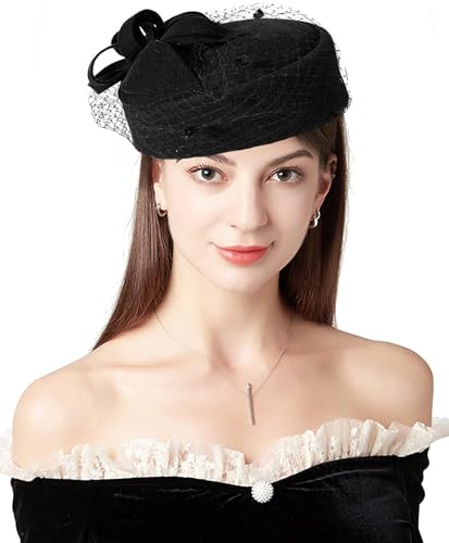 Women's Vintage 100% Wool Felt Cloche Bucket Bowler Hat Winter Vintage Bow Fedoras Church Fascinator - color: A1-black