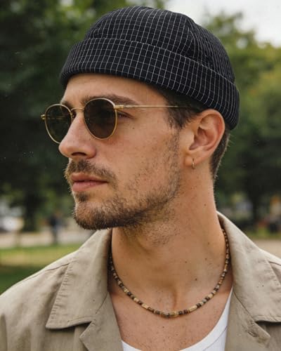 CLAPE Checkered Brimless Hats for Men, Lightweight Quick Dry Docker Fisherman Cap Vintage Unique Rolled Cuff Harbour Hat - color: Fma2502-black