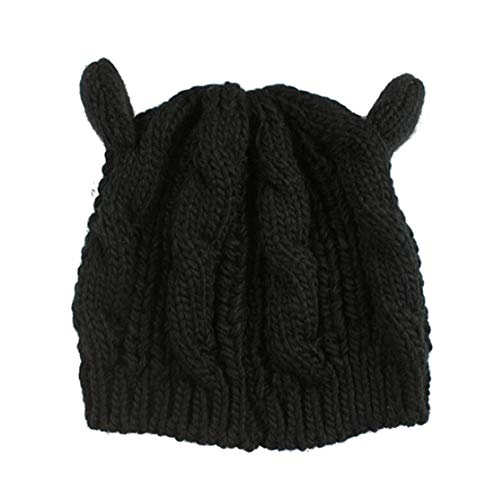 Women Winter Wool Baggy Beret Beanie Cute Devil Cat Ear Crochet Braided Knit Hat Ski Cap - color: Black