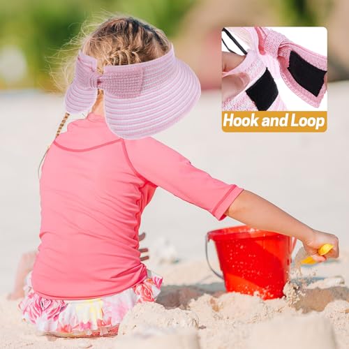 Kids Summer Roll Up Sun Visor Hat Wide Brim Straw Teens Beach Hat Cap Sun Hats with Bow for Girls - color: Pink&white Stripe