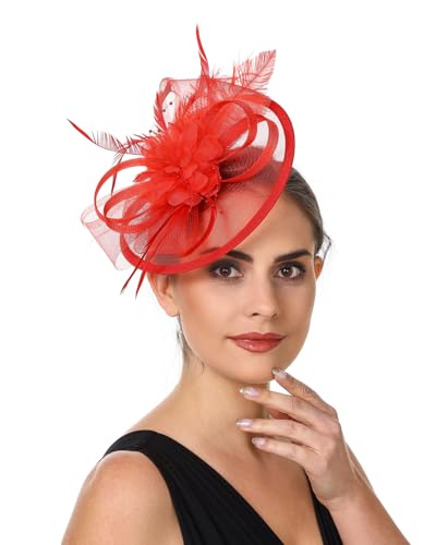 Women's Organza Church Vintage Wedding Fascinator Tea Party Wedding Hat Summer - color: Hj11-red