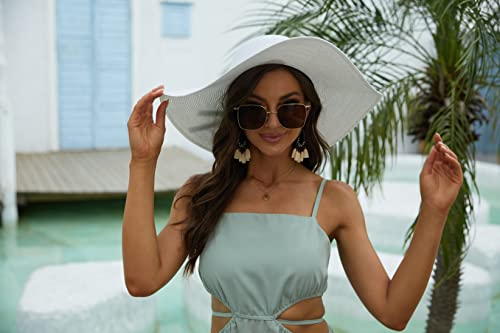 Women Wide Brim Sun Hat UPF50 Straw Summer Hat Floppy Beach Hat Roll-Up - color: Tie White
