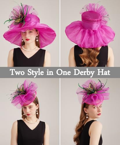 Women Derby Fascinator Hat Organza Church Wedding Hats Wide Brim Cocktail Tea Party Hat - color: 37fuchsia