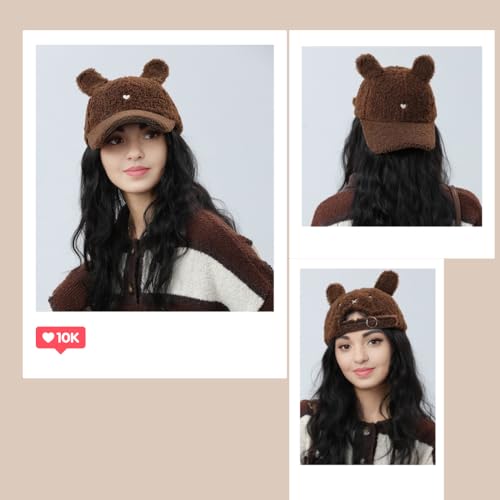Cute Hat for Women Winter Wool Cat Rabbit Ears Soft Beanie Slouchy Baseball Cap Vintage Casual Sports - color: Brown