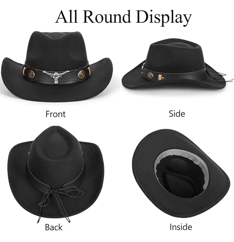 Wide Brim Men and Women's Western Cowboy Hat Fedora-Jazz-Hat with Bull Head Band Decoration