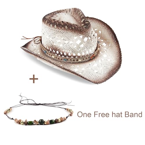Foeran Men's Women's Straw Cowboy Hat Cowgirl Woven Sun Hat Western Cowboy Hat Two Decorative Bands - color: White-gravel